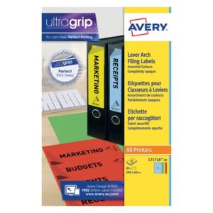 Avery Lever Arch Filing Labels 200x60mm 4 Per Sheet 80 Labels in Assorted Colours