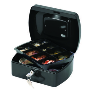 Cash Box with Simple Latch and 2 Keys Plus Removable Coin Tray 200mm Black