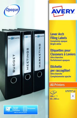 Avery Lever Arch Filing Label 60x200mm 4 Per Sheet 100 Labels