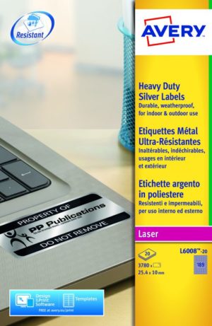 Avery Silver Heavy Duty Laser Labels 25.4x10mm 189 Per Sheet 3780 Labels