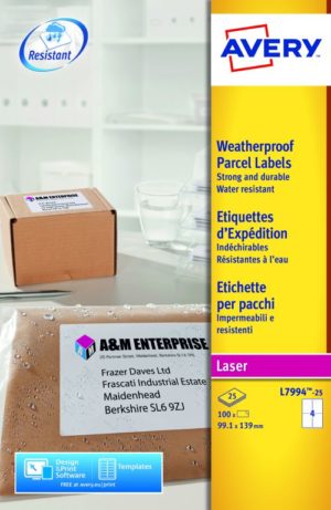 Avery Weatherproof Parcel Labels 99.1x139mm 4 Per Sheet 100 Labels L7994-25