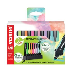Stabilo Green Boss Desk Set Stand & Assorted Highlighters Pack of 8