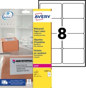 Avery Weatherproof Parcel Labels 99.1x67.7mm 8 Per Sheet 200 Labels L7993-25